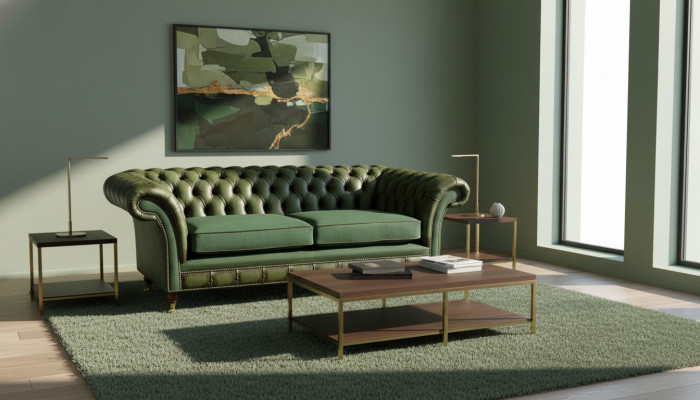 Design Sofa 3-Sëtzer Polsterung Lieder Sofas Textil Chesterfield Gréng