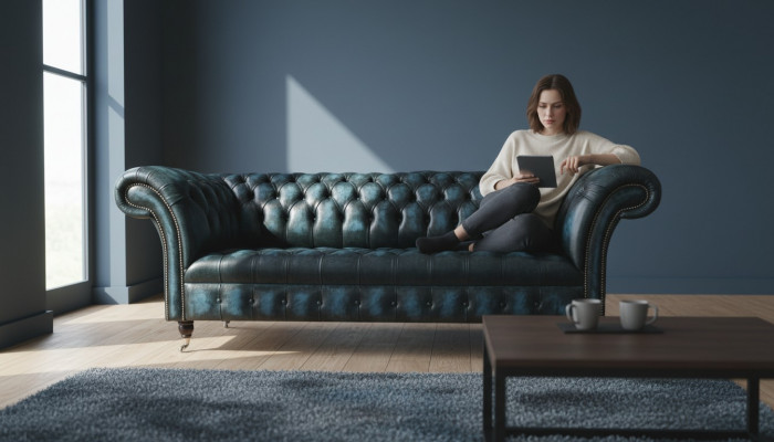 Klassesch 3-Sëtz Canapé Polstersëtz Chesterfield Textillieder Blo