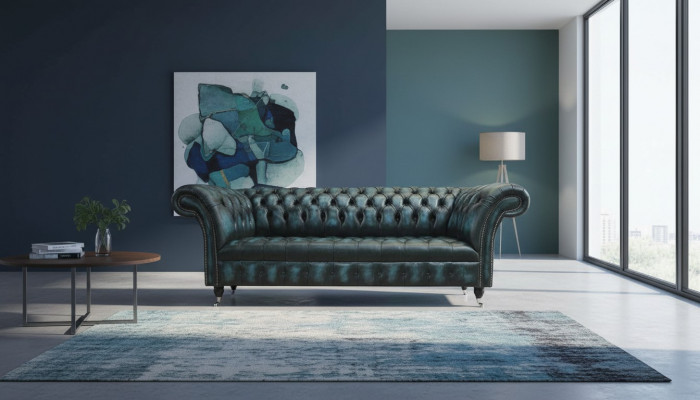 Klassesch 3-Sëtz Canapé Polstersëtz Chesterfield Textillieder Blo