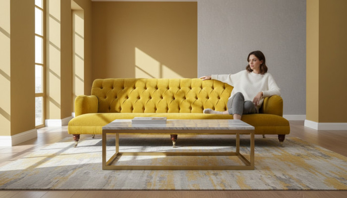 Design Chesterfield Chesterfield Textil Giel 5-Sëtz Canapé Gestofféiert Nei