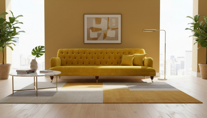 Design Chesterfield Chesterfield Textil Giel 5-Sëtz Canapé Gestofféiert Nei