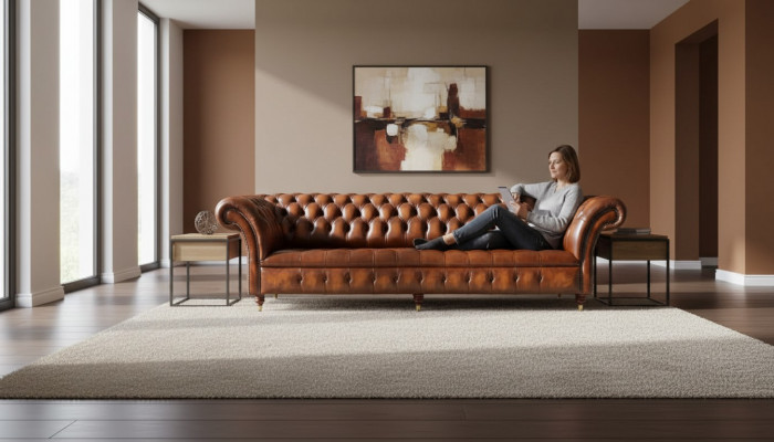 Sofa 4-Sëtz Chesterfield Design Luxus Sofa Polster Couch Nei Braun