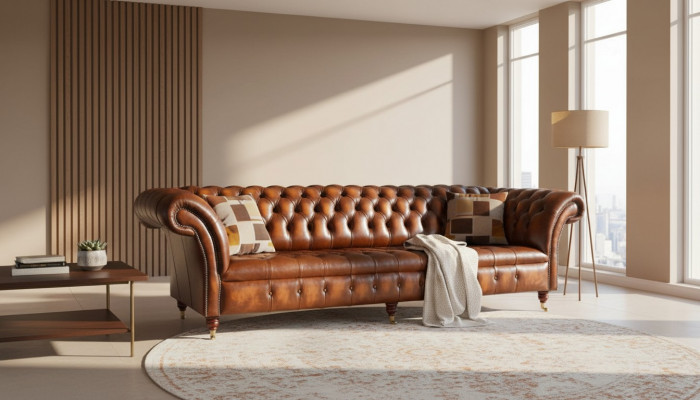 Sofa 4-Sëtz Chesterfield Design Luxus Sofa Polster Couch Nei Braun