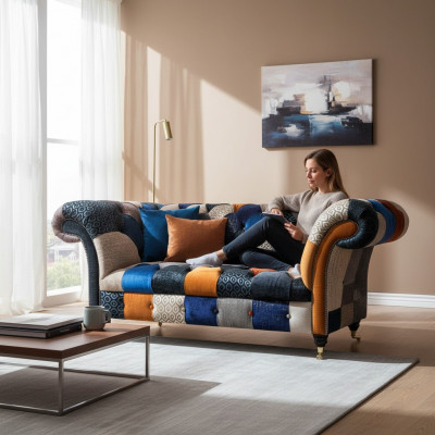Sofaen Sëtz Stoff Design Dräisëtzer Luxus Chesterfield Miwwelen Méifaarweg