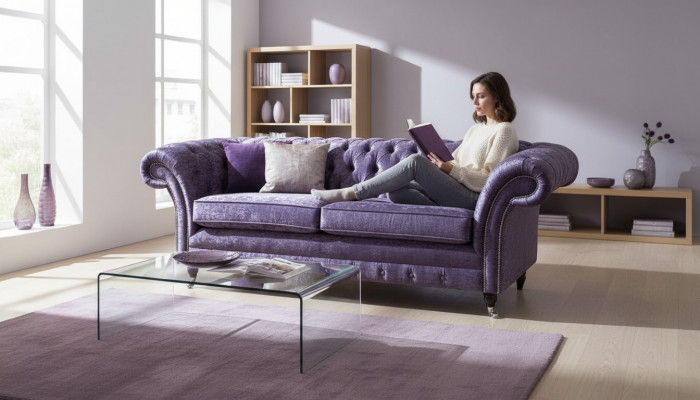 Chesterfield Dräisëtzer Sofa 3 Sëtzer Wunnzëmmer Sofa Lila Stoff Couch