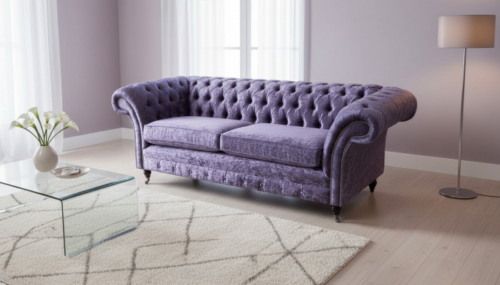 Chesterfield Dräisëtzer Sofa 3 Sëtzer Wunnzëmmer Sofa Lila Stoff Couch