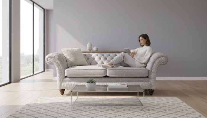 Modern Dreisitzer Design Polstersëtzt Textil Sofa 3 Sëtzer Wunnzëmmersofa Chesterfield Beige