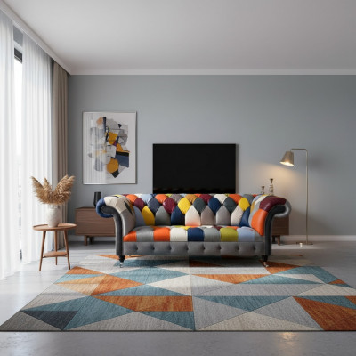 Chesterfield 3 Sëtzer Stoff Design Couch Polster Textil Modern Sofa Nei