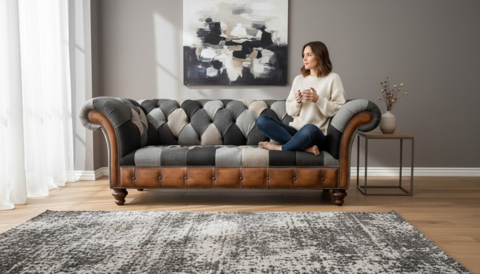 Chesterfield 3-Sëtzer Canapé Polster Stoff Canapéën Wunnzëmmer Sofa Nei