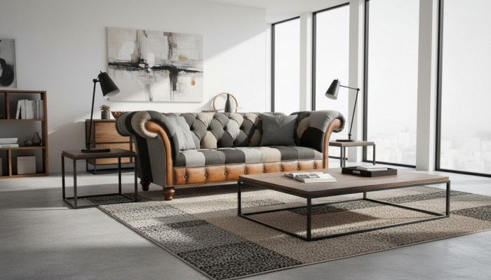 Chesterfield 3-Sëtzer Canapé Polster Stoff Canapéën Wunnzëmmer Sofa Nei