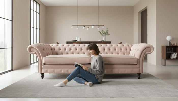 Modern Chesterfield 4-Sëtz Design Sofa Rosa Gepolstert Miwwel Stoff Sofas Textil