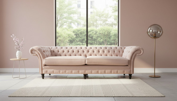 Modern Chesterfield 4-Sëtz Design Sofa Rosa Gepolstert Miwwel Stoff Sofas Textil
