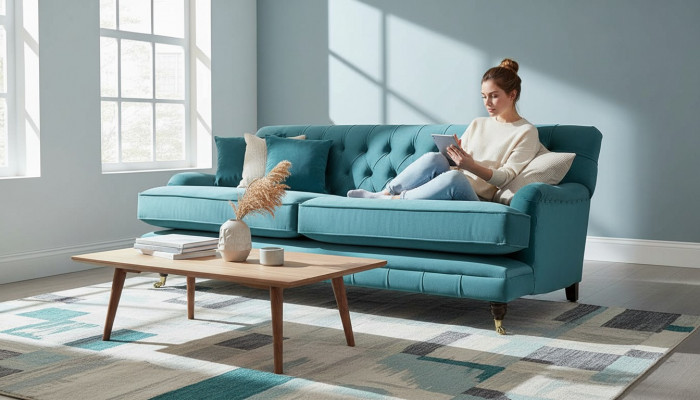 Sofa 3-Sëtzer Stoff Design Couch Polsters Sofas Textil Modern Chesterfield 1