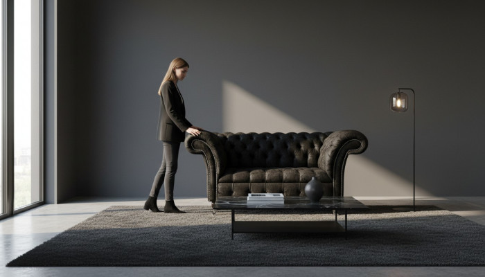 Chesterfield Sëtz Design Polster Canapé Schwaarz Textil Stoff Lounge