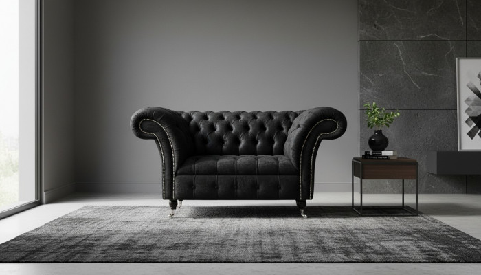 Chesterfield Sëtz Design Polster Canapé Schwaarz Textil Stoff Lounge