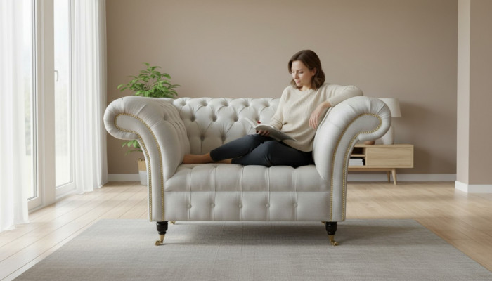 Sofa 1.5 Sëtz Couch Design Polster Modern Textil Stoff Sofae Nei