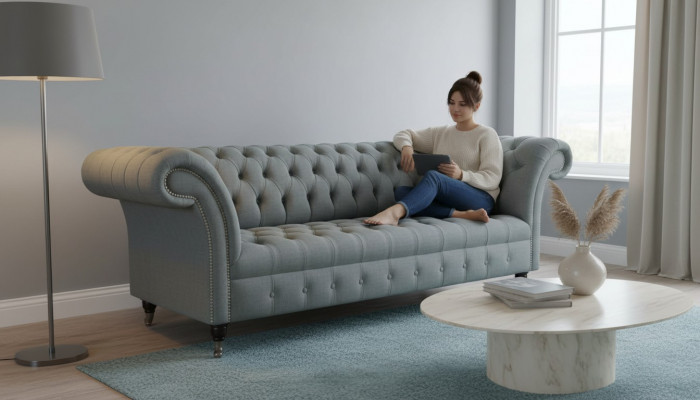 Sofa 3-Sëtzer Canapé Stoff Modern Luxus Gro Chesterfield Dräisëtzer Nei