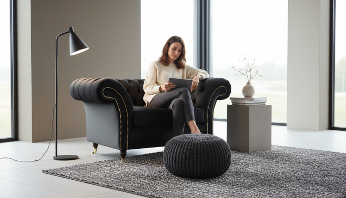 Chesterfield Fotell Lounge Schwaarz Canapé Couch Polster Modern Textil Nei