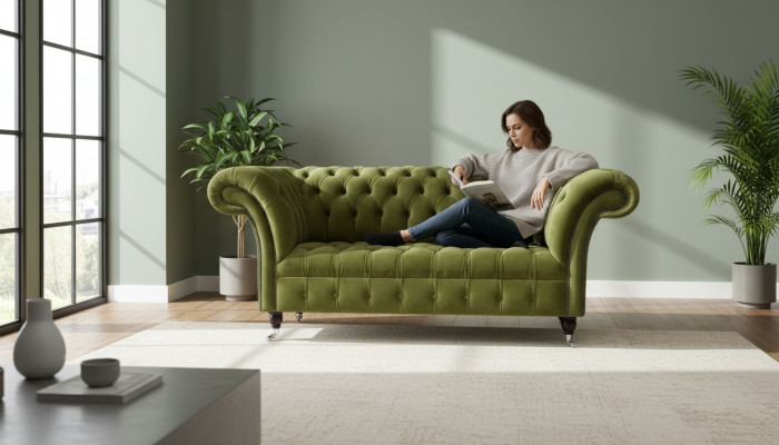 Sofa 2 Sëtzer Couch Polstersofa Stoff Chesterfield Couchen Gréng Nei