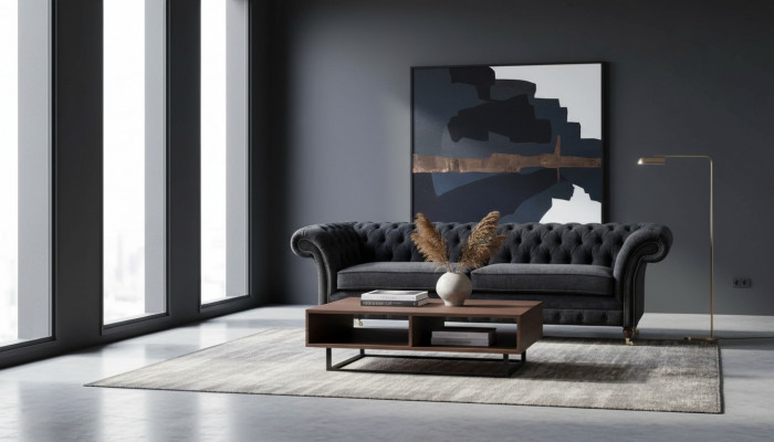 Dreisëtzer Couch Polster Schwaarz Sofa 3 Sëtz Zëmmer Miwwelen Design.