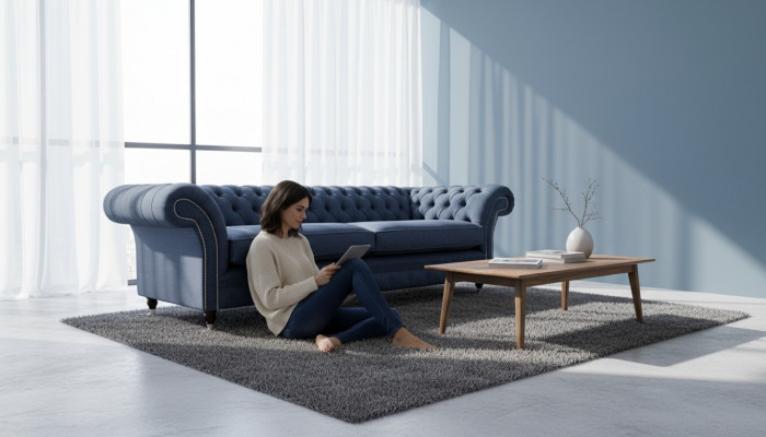 Design Canapé 4-Sëtzer Couch Textil Polster Blo Sofas Chesterfield Nei