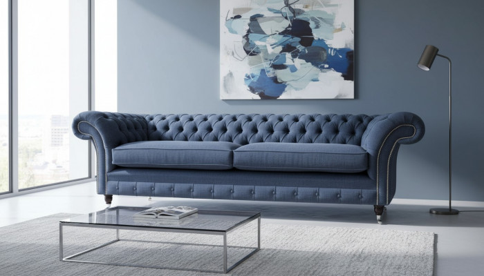 Design Canapé 4-Sëtzer Couch Textil Polster Blo Sofas Chesterfield Nei