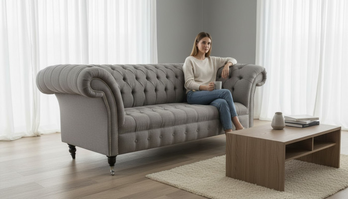 Chesterfield 3 Sëtzer Polster Couch Sofa Couchen Textil Moderne Stil Gro