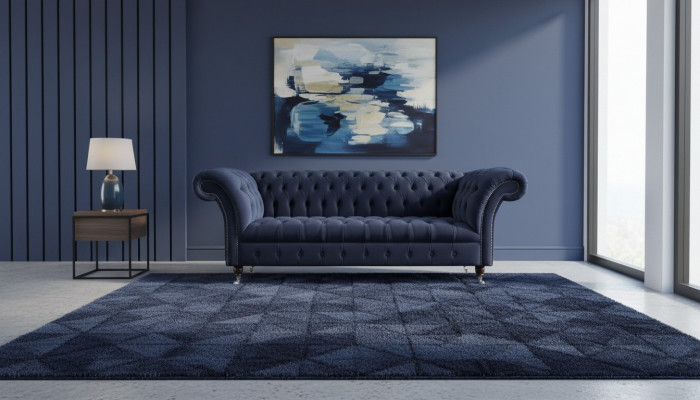 Luxus Sofa Drësëtzer Blo Stoff Textil Stil Canapé Sofae Couchen Miwwelen