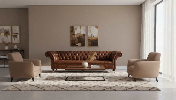 Canapé 4 Sëtz Luxus Miwwelen Chesterfield Lieder Braun Design Modern Stil