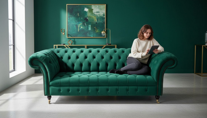 Dreiplatze Sofa 3 Sëtzer Luxus Sëtz Modern Sofas Gréng Stoff Chesterfield