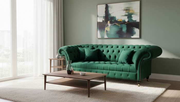 Dreiplatze Sofa 3 Sëtzer Luxus Sëtz Modern Sofas Gréng Stoff Chesterfield