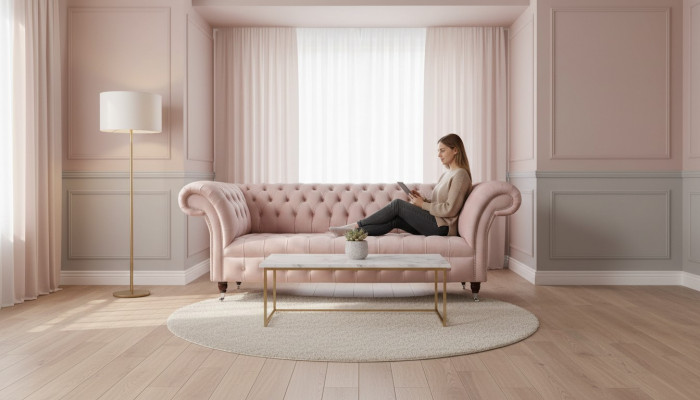 Chesterfield 3-Sëtzer Rosa Design Canapéen Gestofféiert Sofas Stoff Textil