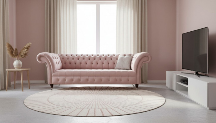 Chesterfield 3-Sëtzer Rosa Design Canapéen Gestofféiert Sofas Stoff Textil