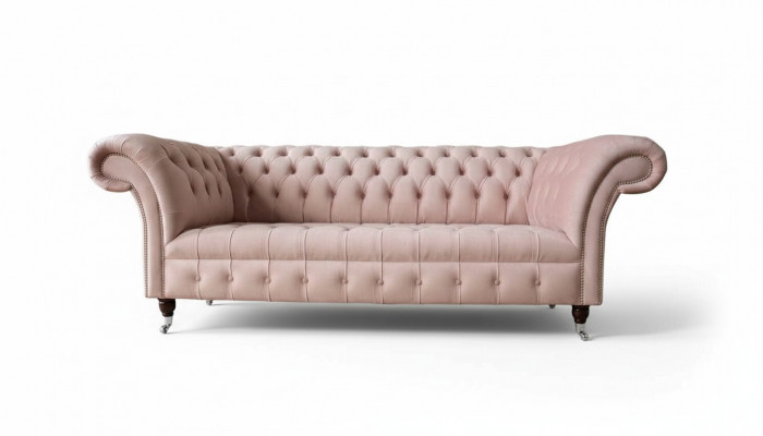 Chesterfield 3-Sëtzer Rosa Design Canapéen Gestofféiert Sofas Stoff Textil