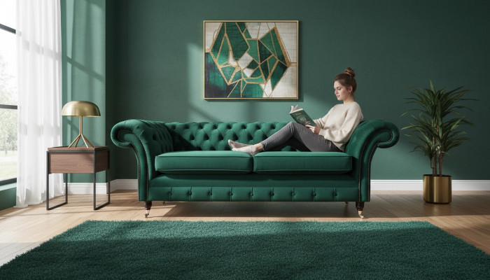 Canapé 3 Sëtz Gréng Canapéë Stil Luxus Wunnzëmmer Design Chesterfield Nei