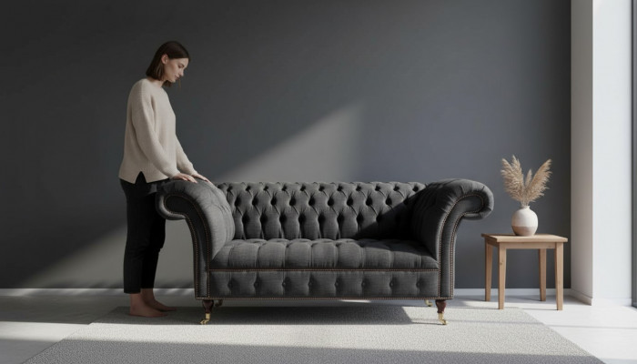 Design Chesterfield Stoff Couch Sofa 2 Sëtzer Këssen Textil Stoff Nei