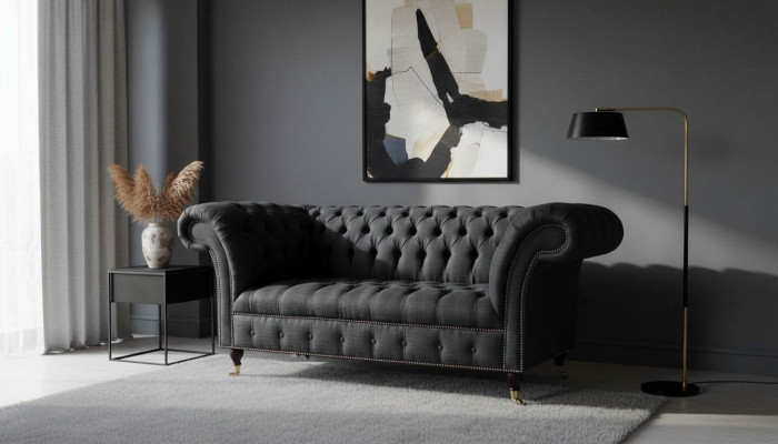 Design Chesterfield Stoff Couch Sofa 2 Sëtzer Këssen Textil Stoff Nei