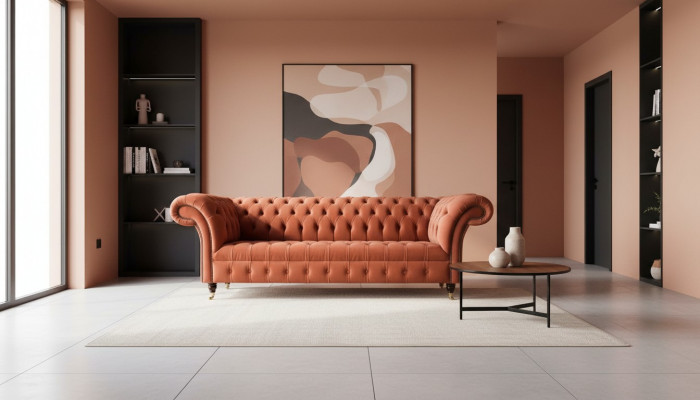 Luxus Chesterfield 3 Sëtzer Couch Polster Textil Couche Stoff Sofa Nei