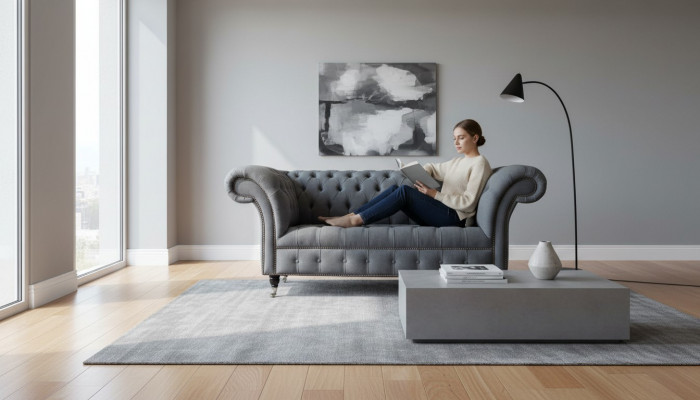 Englesch Chesterfield Büro Sëtzmiwwelen Ariichtung Sofa Canapé 2 Plaz Textil