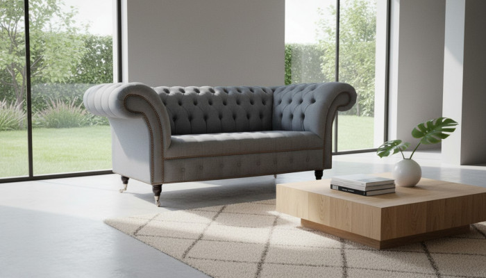Englesch Chesterfield Büro Sëtzmiwwelen Ariichtung Sofa Canapé 2 Plaz Textil
