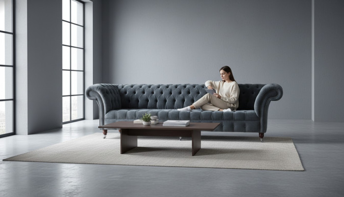 Viersëtzegt Sofa 4-Sëtzer Sofas Modern Gri Design Stoff Chesterfield