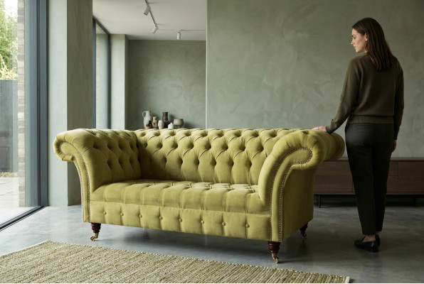 Zwee-Sëtzer Sofa Luxus 2 Sëtzer Wunnzëmmer Liichtgréng Chesterfield Stoff Nei