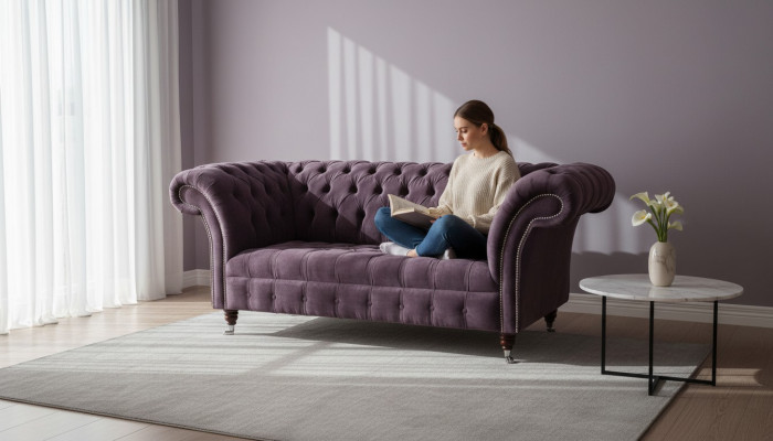 Chesterfield Sofa Canapé Design Lila Polsterstoff Textil Zwesëtzeger Sëtz Neit