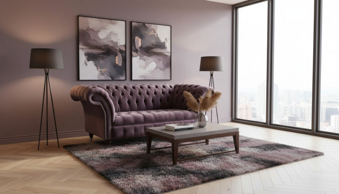 Chesterfield Sofa Canapé Design Lila Polsterstoff Textil Zwesëtzeger Sëtz Neit