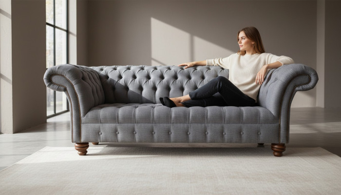 Chesterfield 3 Sëtzer Canapé Gepolsterten Sëtz Textil Stoff Couchen Sofa Nei