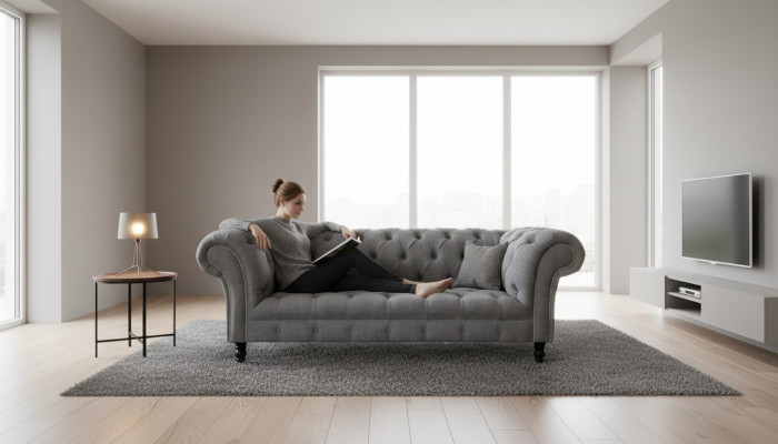 Chesterfield Canapé 3 Sëtz Plüschsëtz Textil Stoff Canapéen Sofa Nei