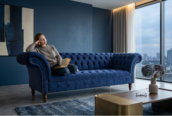 Chesterfield Design Luxus Gepolstert Sofa Canapé 3 Sëtz Blo Textil Nei