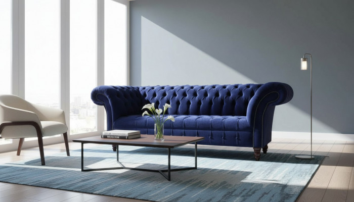 Chesterfield Design Luxus Gepolstert Sofa Canapé 3 Sëtz Blo Textil Nei