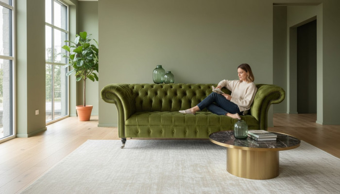 Design Chesterfield Sofa 3 Sëtzer Gréng Canapé Polstersofa Still Wunnzëmmer