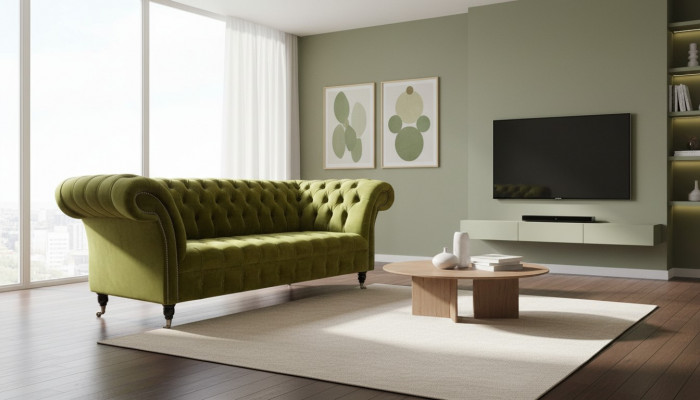 Design Chesterfield Sofa 3 Sëtzer Gréng Canapé Polstersofa Still Wunnzëmmer